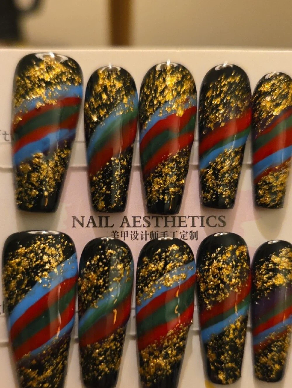 Black Gold Foil Press-On Nails with Multicolor Stripes Size Large